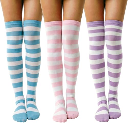 Image of DRESHOW 3 Pairs Thigh High Socks Striped Over Knee Thin Tights Long Stocking Knee High Leg Warmer