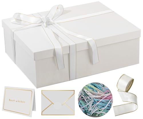 Rinrda Extra Large Gift Box 16.5x13x5.5 inches White Gift Boxes with Lids for Presents Perfect for Birthday Valentines Day Christmas Anniversaries Contains Card Ribbon Shredded Paper Filler.