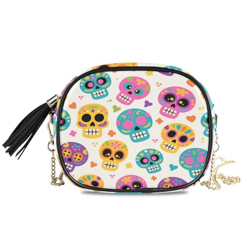ALAZA Women's Skull Light Yellow Background Pattern PU Leather Crossbody Bag Shoulder Purse with Tassel