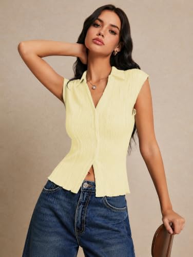 Image of GRECIILOOKS Korean Tees for Women | Tops for Woman | Collared Casual Summer Tops for Women Western | Knitted Top Button-Up Short Sleeve Crop Top |Summer Stylish Texture Korean Knit Tee
