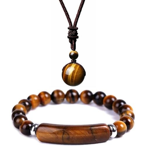 LIU JUN Tiger Eye Bracelet Men, Set of 2 Natural Tiger Eye Necklace Bracelet Adjustable Braided Rope Natural Stone Pendant Natural Stone Bracelet For Men Valentine's Day Birthday Gift