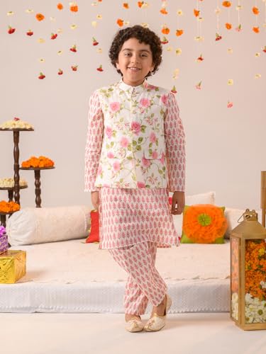 Pspeaches Boys Floral Printed Regular Pure Cotton Kurta With Pyjamas Nehru Jacket