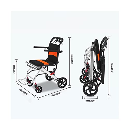 Silla de ruedas de aluminio ligera con frenos de mano, silla de viaje plegable portátil para ancianos, carrito de ruedas traseras de 12 pulgadas
