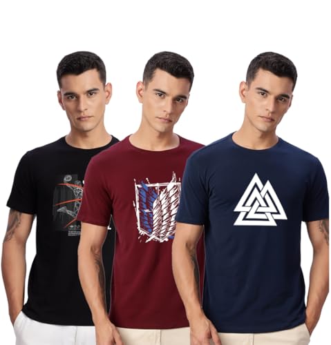 Image of ADRO 100% Cotton Lycra Tshirts for Men Combo Pack of 3 | Regular Fit | Printed T Shirt | Round Neck Half Sleeve| Mens Tshirts