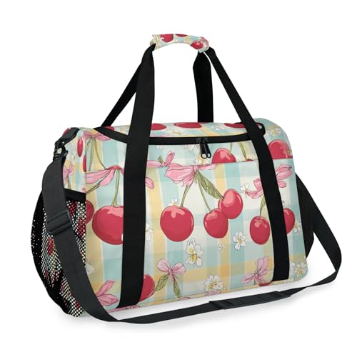 Bow Cherry Plaid Flower Travel Duffel Bag Weekender Overnight Bags for Women Men Foldable Waterproof Tote Bag with Trolley Sleeve2