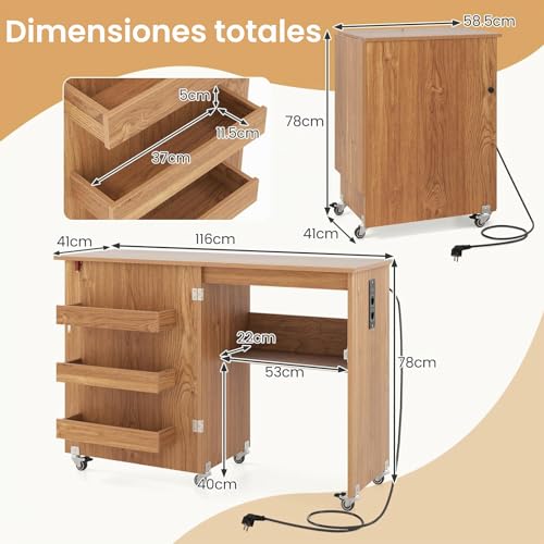 Miniatura 3 de Giantex Armario De Costura Plegable Con 5 Ruedas, Mesa De Coser Con Estación De Carga, 3 Compartimentos Y 1 Estante Abierto, Para Dormitorio, Salón Y Estudio Natural, 116x41x78cm