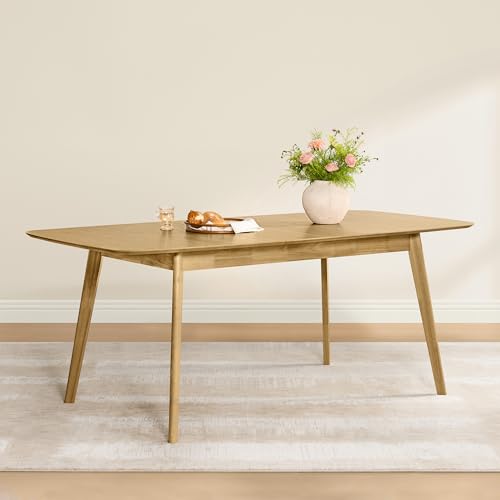 Image of CHITA 59 inch-75 inch Extendable Dining Room Table for 4-6, Modern Wood Dining Table for Small Spaces, Kitchen, Space Saving Hidden Leaves, Solid Rubberwood Frame, Oak Veneer