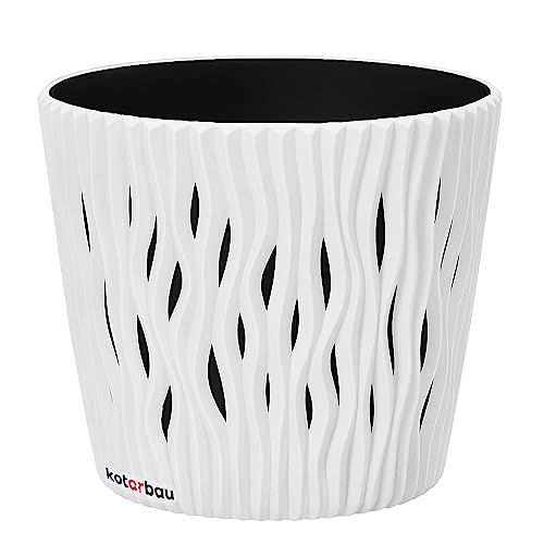 KOTARBAU® Macetero con inserto interior 130x115 mm, Macetero blanco 3D, Diseño ondulado con agujeros decorativos, Macetero redondo con maceta interior, Tiesto para flores y plantas, Maceta de plástico