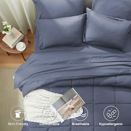 Anluoer California King Size Bed in a Bag 7 Pieces,Grayish Blue Cal King Comforter Set with Sheets,All Season Bedding Sets with Comforter,Pillow Shams,Pillowcases,Flat Sheet,Fitted Sheet