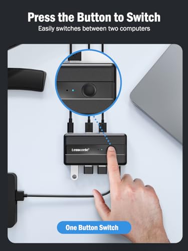 Image of Lemorele USB 3.0 Sharing Switch, 2 Computers Share 4 USB Ports Peripheral Adapter for PC, Printer, Scanner, Mouse, Keyboard - One-Click Switch with 2 USB-A Cables Included