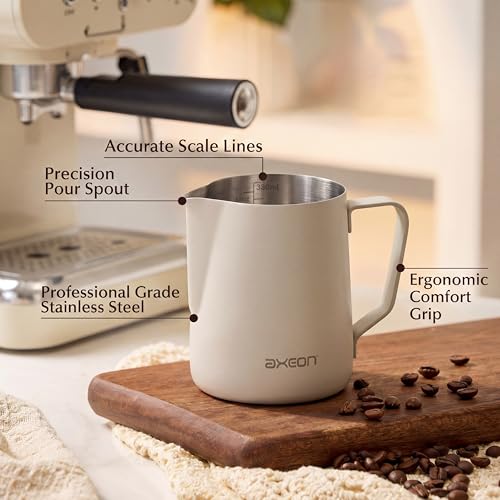 Image of Axeon Stainless Steel Milk Frothing Pitcher | Espresso Milk Frother Jug with Internal Scale & Matte Coating | V-Spout for Latte Art | Barista Steam Jug for Cappuccino & Coffee (White, 600ml /20oz)