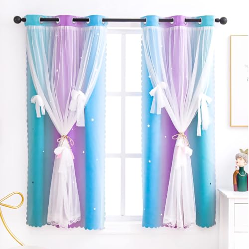 Image of Yancorp Kids Princess Curtains for Girls Bedroom - Star Design With Tieback & 3 Bowties - Purple Teal Blue, W34 X L63 Inches, 1 Panel