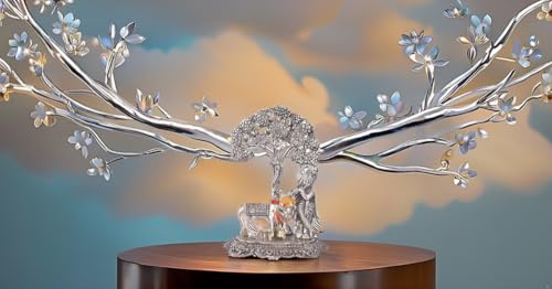 Image of Lavanaya Silver Lord Krishna with Cow Standing Under Tree Playing Flute Silver Plated Figurine (12x8x17cm), Floral