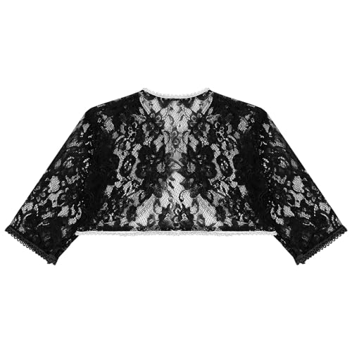 JEATHA Kids Girls 3/4 Sleeve Bolero Cardigan Shrug Floral Lace Open Front Sheer Mesh Cropped Outerwear Tops4