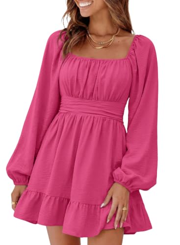 Image of Dokotoo Womens Dress Lantern Sleeve Elastic Waist Tie Backless Mini Dress | Square Neck,Off Shoulder,Flowy,Ruffle A-Line,Casual,Mini Dress,Beach Vacation Clothes,Fall Outifits,Wedding Guest,Boho