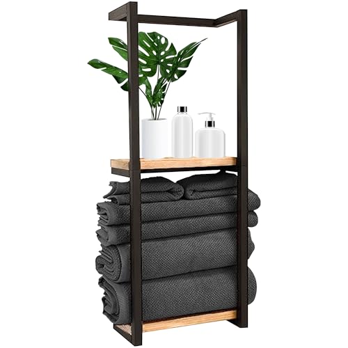 Vonia Porte-Serviettes Mural - Sèche Serviette de Salle de Bain - Pratique Support Serviette Salle De Bain - avec 2 Crochets (Noir/Bois)