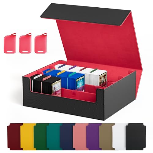 Image of UAONO Trading Card Storage Box, Holds 1800 Sleeved Cards with 10 Dividers & 3 Stoppers, Magnetic Closure PU Leather Card Case for MTG, PTCG, YGO, Sports Cards (Black&red)