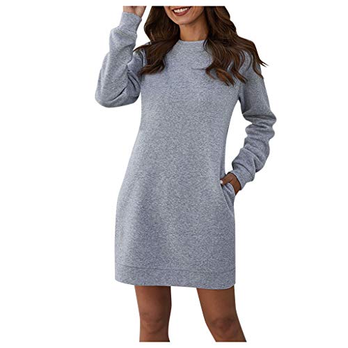 VJGOAL Long Sweat Femme Mini Robe Sweat Manches Longues Court Robe Pull Hiver Épais Chaud Grande Taille Poches Manteau Casual Sweat Shirt Femme Sport Long T-Shirt S-2XL