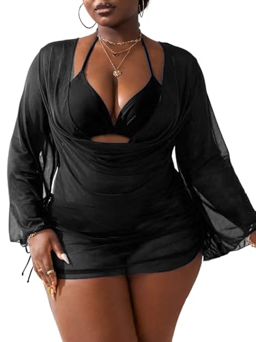 WODECASA Women's Plus Size 3 Piece Swimsuits Halter Triangle Bikini Set with Drawstring Semi Sheer Cover Up Bathing Suit