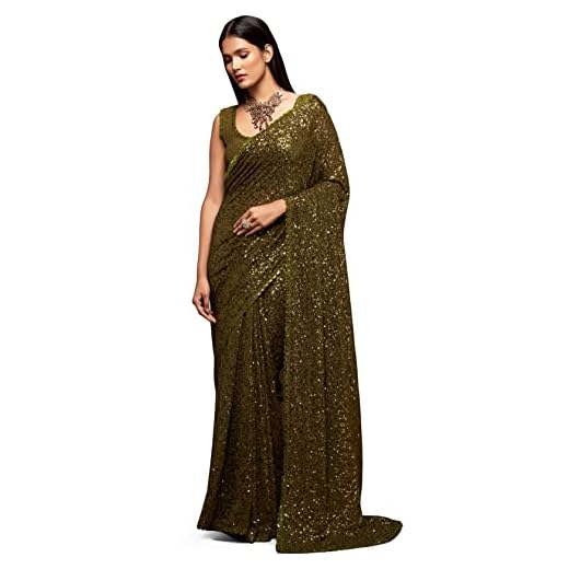 Zeel Clothing Women's Mehandi Green Sequins Work Heavy Georgette Saree with Blouse (1004-Olive-Green-Sequins-Party-Saree, Olive Green)