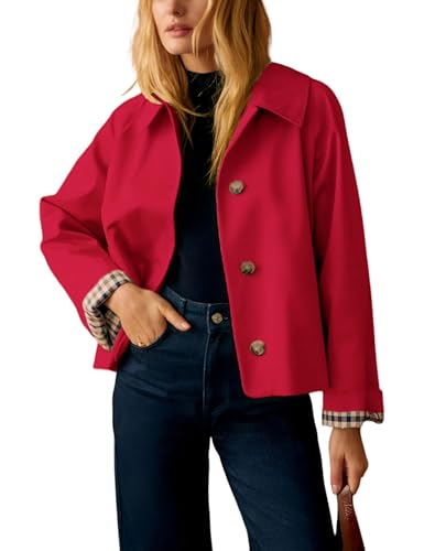 Yeokou Women Oversize Trench Coat Plaid Lining Lapel Button Down Casual Crop Jacket Outwear with Pockets(Red-M)