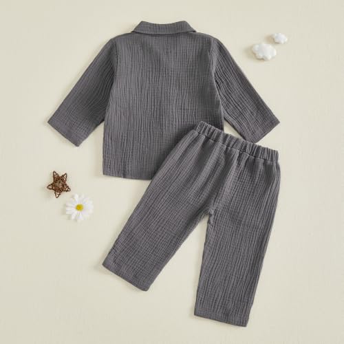 Image of VISGOGO Toddler Boy Linen Outfit Baby Boy Fall Winter Clothes Set Button-Down Shirt Tops Cotton Linen Pants 2PCS