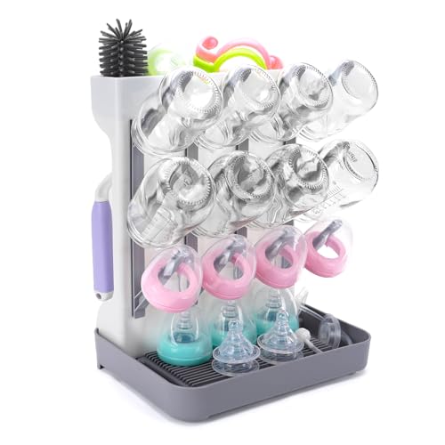 Image of ZYLOHA Baby Bottle Drying Rack: Space Saving Vertical Bottle Drying Holder with Brushes Holder - Large Bottle Storage Holder Organizer 12 Bottles & Baby Accessories,BPA-Free, Gray