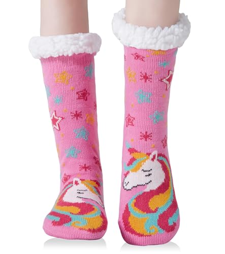YEEKAORA Slipper Socks for Women with Non-Slip Grippers Winter Thermal Warm Cozy Fuzzy Plush Cute Animal Indoor Socks (Rose Unicorn)