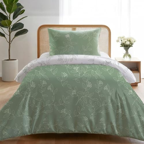 Dreamzie Bettwäsche Set 135x200 cm mit 1 Kissenbezug 80x80 cm – Salbeigrünes Blättermuster – Bettwäsche für Einzelbett aus 100% Mikrofaser...