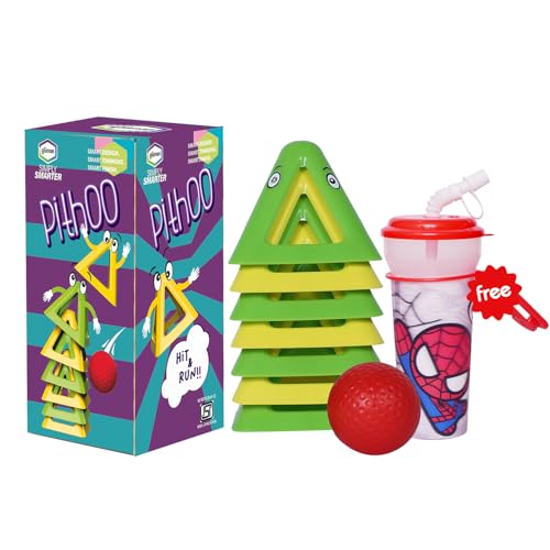 Image of Gluman Pitthu Game | Pithoo Stacking Set | Lagori | Triangle Pyramid with Soft Ball | Fun Indoor Outdoor Seven Stones Game with Disney Sipper | Ages 6 and Above | Waterproof (Green & Yellow)