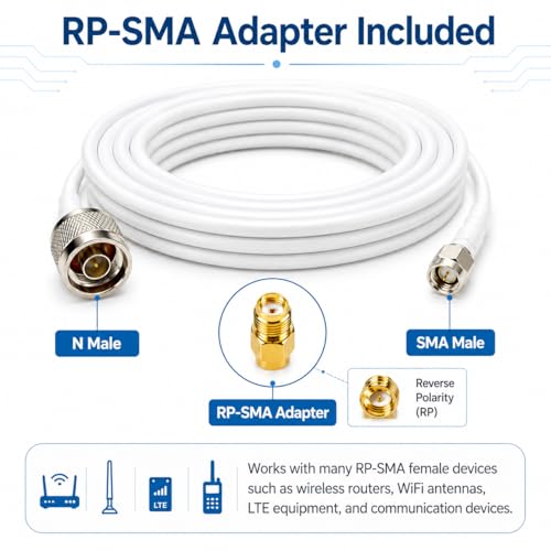 Image of N Male to SMA Male Coaxial Cable 16.5FT with RP-SMA Adapter | White 50 Ohm low loss 3D-FB RF extension, SMA to N antenna cable for signal booster, router, modem, Wi-Fi antenna