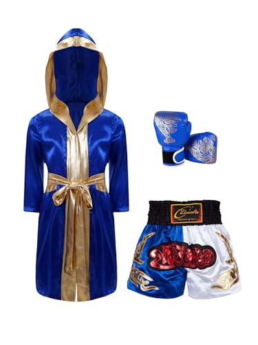 Sywiyi Costume De Boxeur Enfant Peignoir De Boxe Avec Short Muay Thai Kick Boxing Gants Boxe Tenue Kickthai Muay Thai Complet Combat Bleu royal 11-12 ans