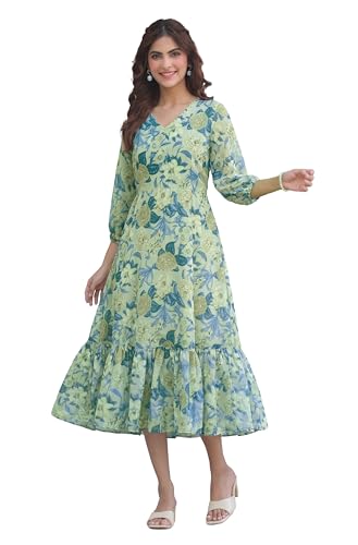 Image of Janasya Women's Light Green Georgette Floral Printed A-Line Dress