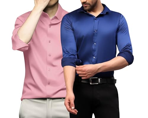 Image of DEELMO Combo of Men's Stylish Solid Satin Casual Shirt for Men Full Sleeves| Poly Satin Silk Shirt Pack of 2