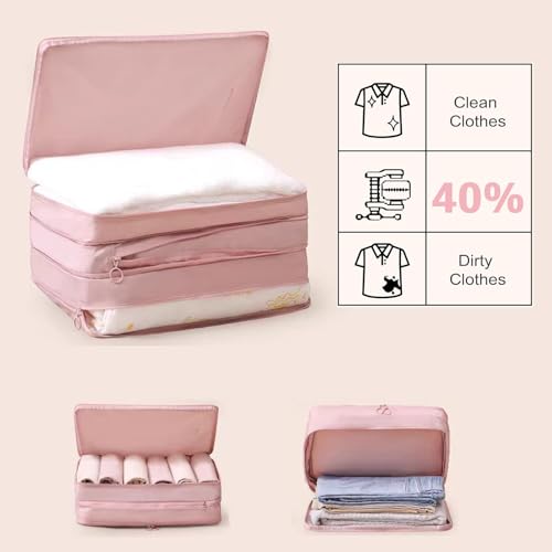 Double-Layered Compression Packing Cubes for Travel, Luggage Organizer Bags Compressible for Suitcase Packing Bag Travel Accessories, Pink, L3