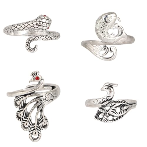 Goktvai 4pcs Crochet Rings for Fingers, Adjustable Tension Ring Peacock & Fish & Snake Design Crochet Yarn Knitting Guide Helper Tool Accessories for Women Mother Grandmother Finger (4 Styles)