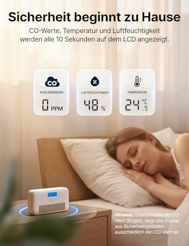 X-Sense Kohlenmonoxid-Melder mit Temperatur- & Feuchtigkeitsüberwachung, Sprachansagen, CO Melder mit austauschbarer Batterie, LCD-Anzeige… – Ansicht 2