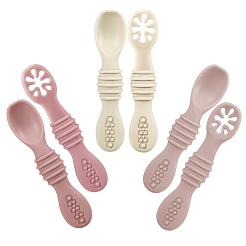 PandaEar Silikon Babylöffel Lernlöffel blw Löffel, 6 Stück Weich Esslernlöffel Baby Löffel Brei ab 4 6 Monaten zum Selber Essen, BPA frei Breilöffel Baby Spoon Self Feeding (Rosa/Hellrosa/Beige)