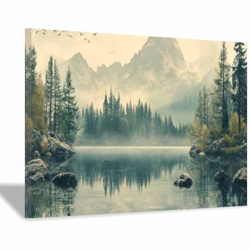 Tableau mural nature lac et montagne rouge pour agrandir visuellement une petite chambre