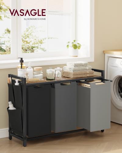 Image of VASAGLE Laundry Hamper with Shelf, 3 Pull-Out Bags, 3 x 10.6 Gallons (40 L)