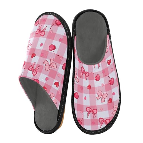Slippers for Women Pink Checkered Background Cherry Bow Pattern Soft Winter Warm Shoes Indoor Outdoor Non-Slip House Travel Slippers