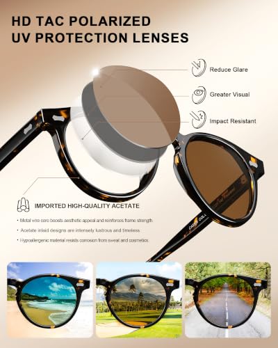 Image of CARFIA Retro Acetate Polarized Sunglasses for Men UV400 Protection, Round Shades with Gold Filigree CA5506