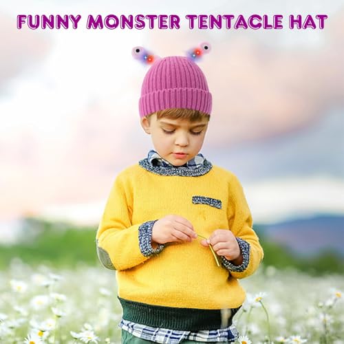Glowing Tentacle Little Monster Knit Beanie - Cute and Funny Winter Hat with Light-Up Features for Girls and Women, Handmade, Soft and Elastic, Ideal for Skiing, Halloween and Birthday Parties(Purple)