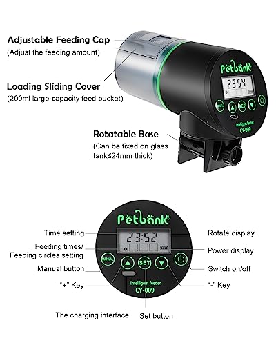 Petbank Futterautomat Aquarium, Fischfutterautomat Automatischer Fischfutterspender mit USB-Ladekabel, Fisch Futterautomaten für Aquarium Fischtank Schwarz