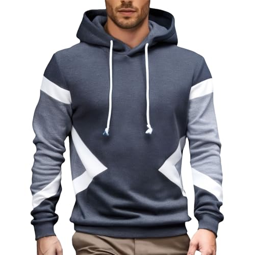 Sweatshirts for Men Trendy Color Block Hoodies Fleece Long Sleeve Hooded Pullover Casual Patchwork Tops with Pocket