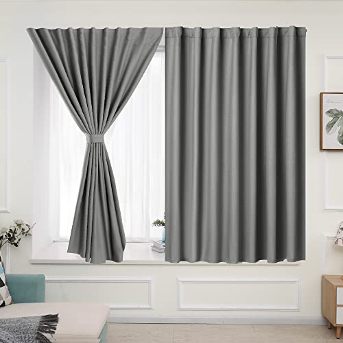 Muamar Velcro Blackout Curtains For Bedroom 2 Panels With Tiebacks(Grey, 42" W X 54" L),Without Rods Small Curtains,Kitchen Curtains,Easy Install For Window, Bathroom Door,Wardrobe, Cabinet Etc #TOP1