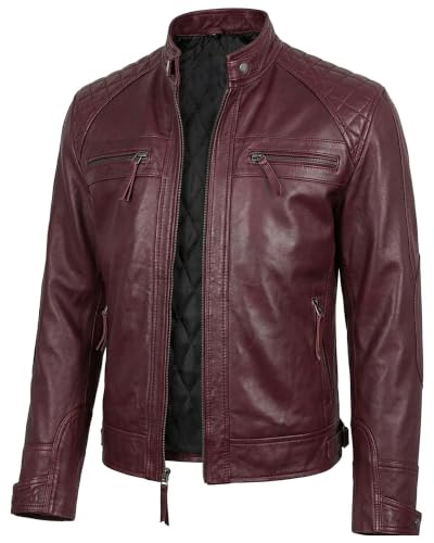 Image of Mens Vintage Retro Biker Cafe Racer Diamond Quilted Biker Jacket | Snap-Tab Collar with Adjustable Waist Genuine Leather Motorcycle Jacket