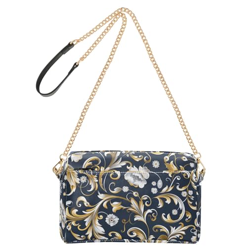 KLL Dark Blue Gold Floral Fashion Small Crossbody Bags For Women Vegan Leather Purse For Teens Waterproof Shoulder Handbags