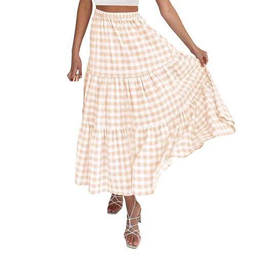 【ok.soon】 新品未使用⭐︎gingham check long skirt Plaid Skirt Women lastic High Waist Gingham Summer Plus Size