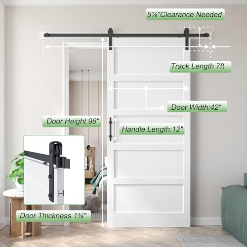 Image of Fredbeck 42x96 inch White Barn Door with 7FT Sliding Door Hardware Kit Included & Handle,MDF,Solid PVC Surface,DIY Assembly,5-Panel